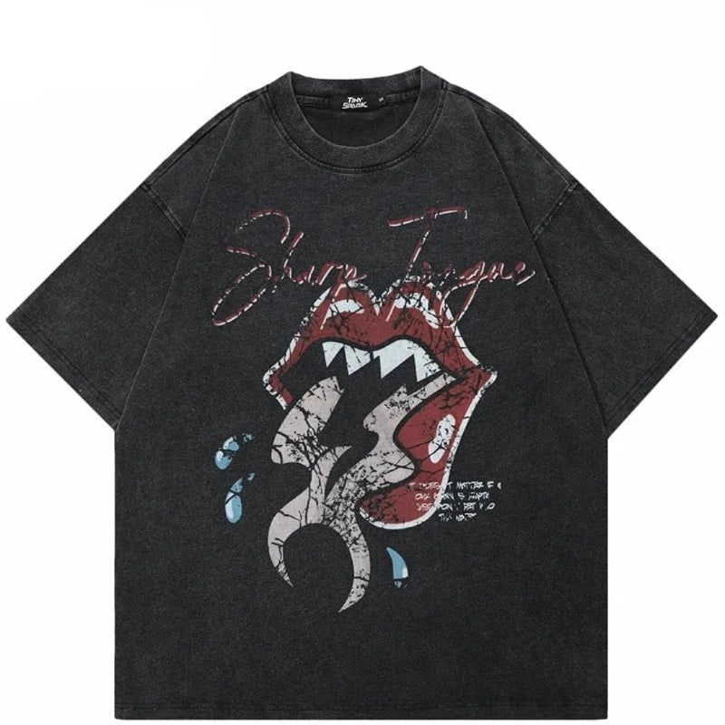 Icy Minded A black t-shirt featuring a playful design of a tongue and vibrant red lips.
