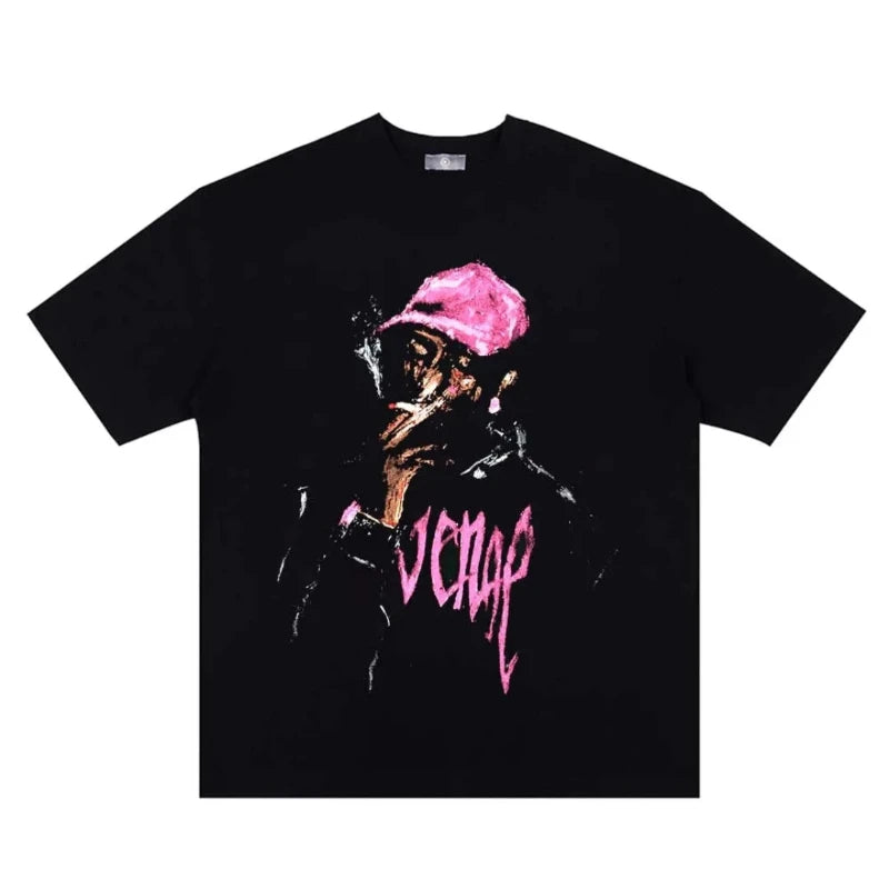 Icy Minded. Black t-shirt adorned with a smoking man graphic, complemented by a trendy pink hat.