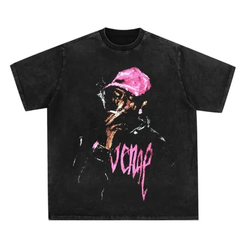 Icy Minded. A washed black t-shirt featuring a graphic of a man smoking, paired with a stylish pink hat.