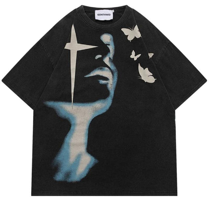 Icy Minded. A black t-shirt featuring a striking painting of a woman alongside a cross, showcasing artistic expression and style.