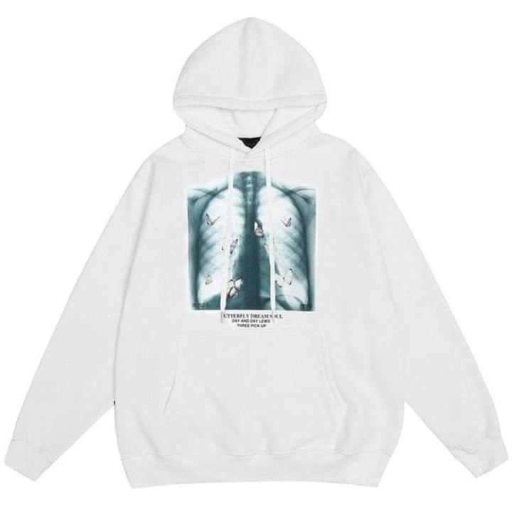 Icy Minded. A stylish white hoodie adorned with an x-ray chest image